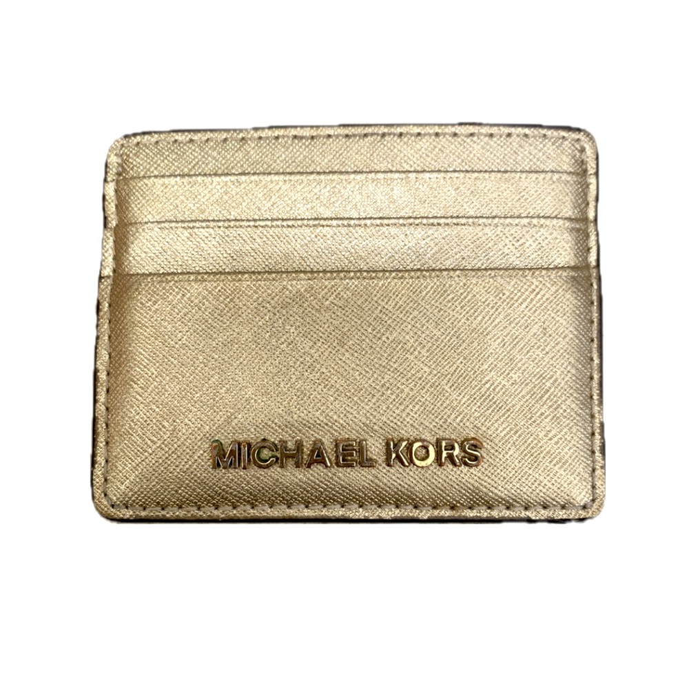 Michael Kors Gold Card Case Wallet Slim With ID Window Saffiano Leather